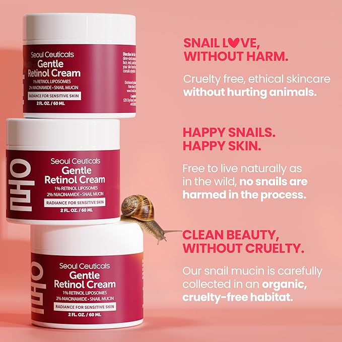 SeoulCeuticals 1% Korean Retinol Night Cream - 97.5% Snail Mucin + 2% Niacinamide Moisturizer for Face - Gentle K Beauty for Sensitive Skin 2oz