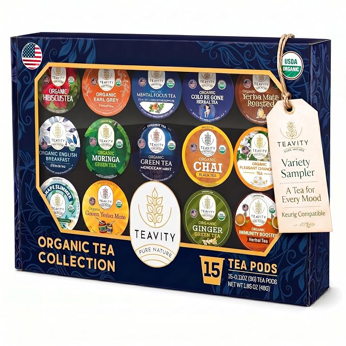 Organic Tea Pods Variety Pack - Assorted Sampler Pack Compatible for Keurig Brewer and Coffee Maker - Earl Grey, English Breakfast, Chai, Chamomile - Herbal Tea Pod for K Cup Keurig Brewing -15 count (Pack of 1) by Teavity