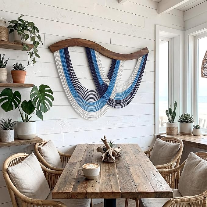 Navy Blue Macrame Wall Hanging Dip Dyed Yarn Wall Art, Modern Boho Decor | Handmade Cotton Rope Tapestry for Bedroom, Living Room, Nursery, 31.5 x 23.6 Inch