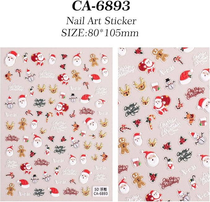 Christmas Nail Stickers for Nail Art, 5D Embossed Self-Adhesive Hat Deer Nail Decals, Mushroom Nail Supplies Nail Art Design Accessories for Women and Girls Manicure DIY Decoration