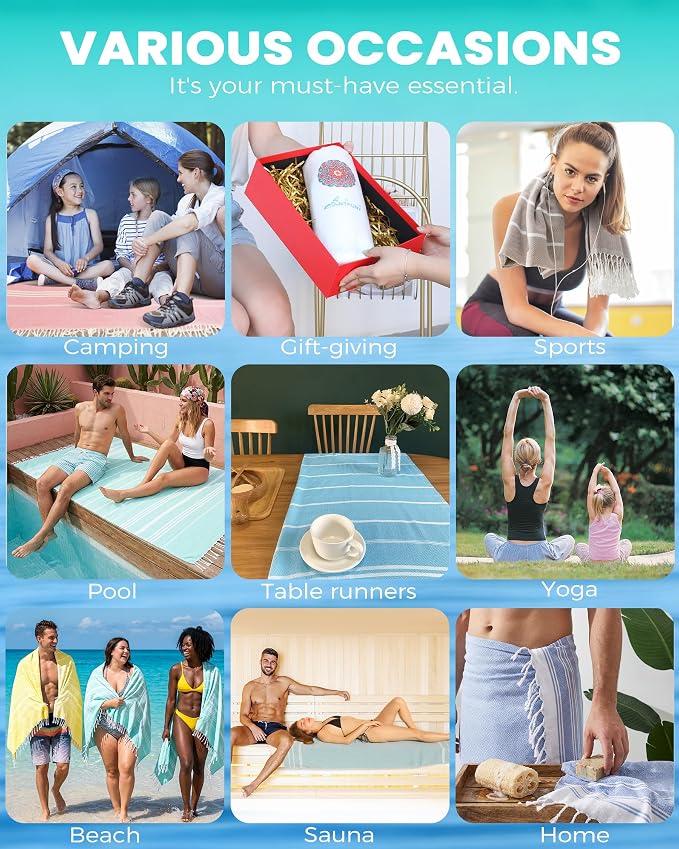6 Pack Turkish Beach Towels Vacation Essentials with Bag Quick Dry Sand Free Soft Absorbent Adult Bath Pool Swim Long Wide Stripe Towel Cloud Linen Sandfree Mat Summer Thing Lightweight Travel Blue
