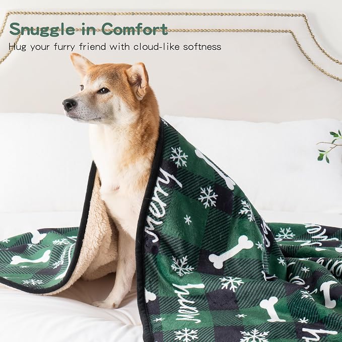 Washable Waterproof Dog Blankets for Large Dogs 50"x60" | Soft Fluffy Pet Blanket for Couch Sofa Car, Bed Furniture Protector, Reversible Sherpa Fleece Dog Blanket Christmas Green