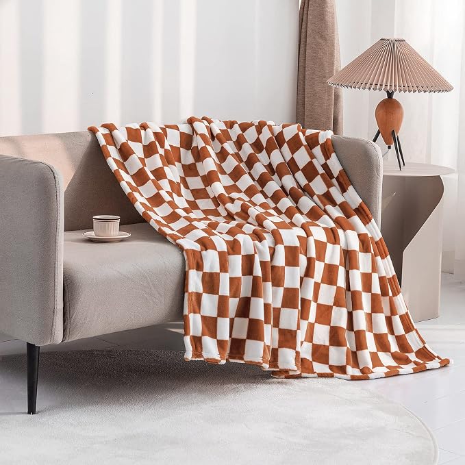 LOMAO Throw Blankets Flannel Blanket with Checkerboard Grid Pattern Soft Throw Blanket for Couch, Bed, Sofa Luxurious Warm and Cozy for All Seasons (Maple Brown, 60"x80")
