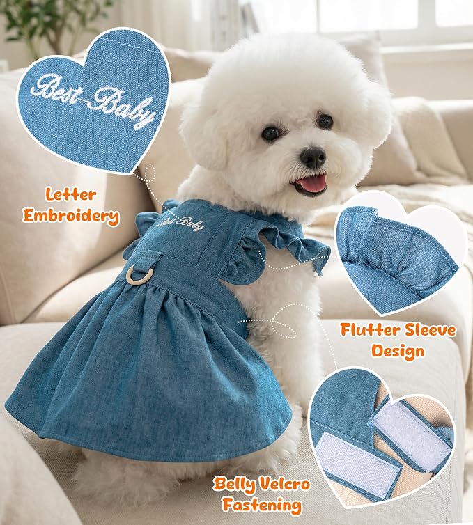 Denim Cat Dog Dress Clothes for Small Dogs with Leash Ring Summer Girl Small Dog Clothes Outfit Belly Velcro Fastening Cat Outfits&Apparel for Girl