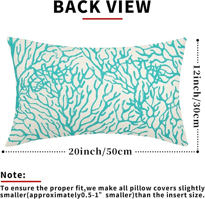 Nautical Coastal Coral Lumbar Pillow Covers 12x20 Inch Set of 2 Summer Ocean Beach Teal Turquoise Decorative Pillow Cases Outdoor Linen Cushion Cover Farmhouse Decor for Bedroom Home Sofa Couch Bed