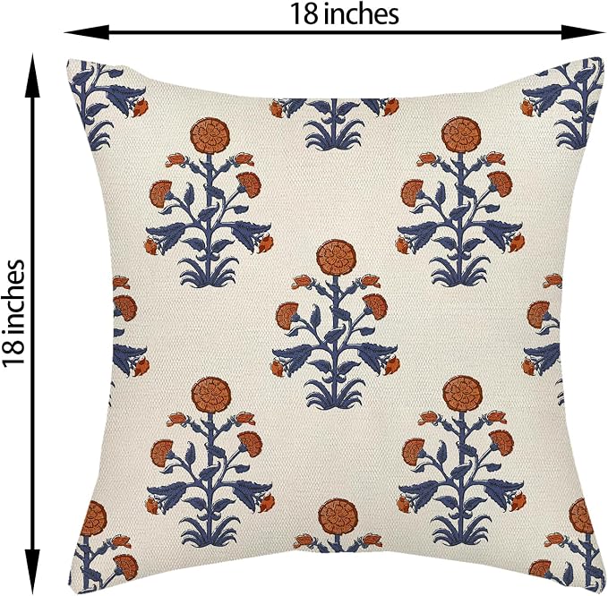 Orange Navy Blue Floral Pillow Covers 18x18 Inch Set of 2 Block Print Flower Boho Decorative Throw Pillows Modern Vintage Outdoor Pillow Cases Linen Farmhouse Cushion Cases for Couch Sofa Decor