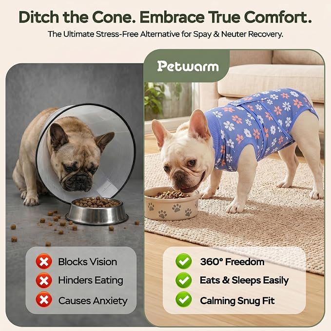 PetWarm Dog Surgical Recovery Suit, Dog Bodysuit for Sensitive Skin Areas, Surgical Suit for Dogs Abdominal Affected Areas Bandages, Substitute E-Collar and Cone, Flower Pattern, Blue, XS