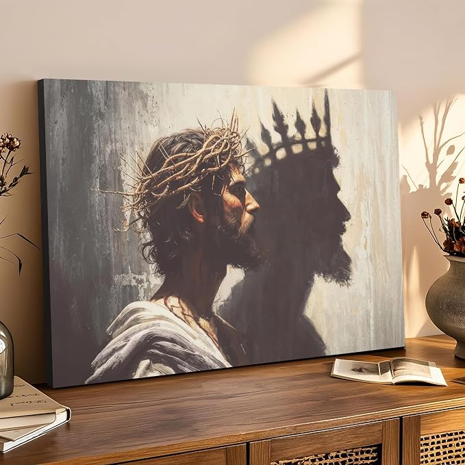 Framed Jesus is the King Christian Wall Art, Jesus and Crown Canvas Wall Decor Christ Biblical Pictures Painting Prints Religious Room Decor for Church Prayer Room Schools Hospitals 24" x 16"