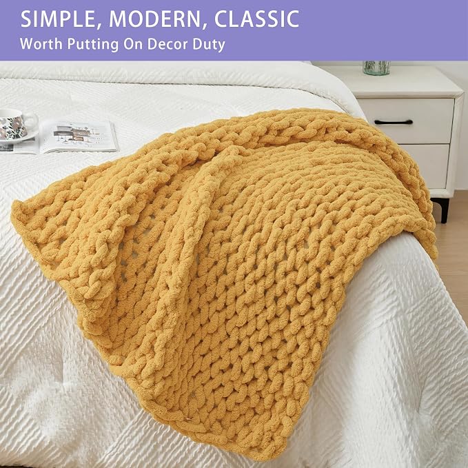 Bigacogo Chunky Knit Throw Blanket for Couch, 40x40 inches, Mustard Yellow | Hand Knit with Jumbo Chenille, Soft Breathable Cable Knit for Sofa Bed Living Room, Machine Washable, Gift for Mom Friend