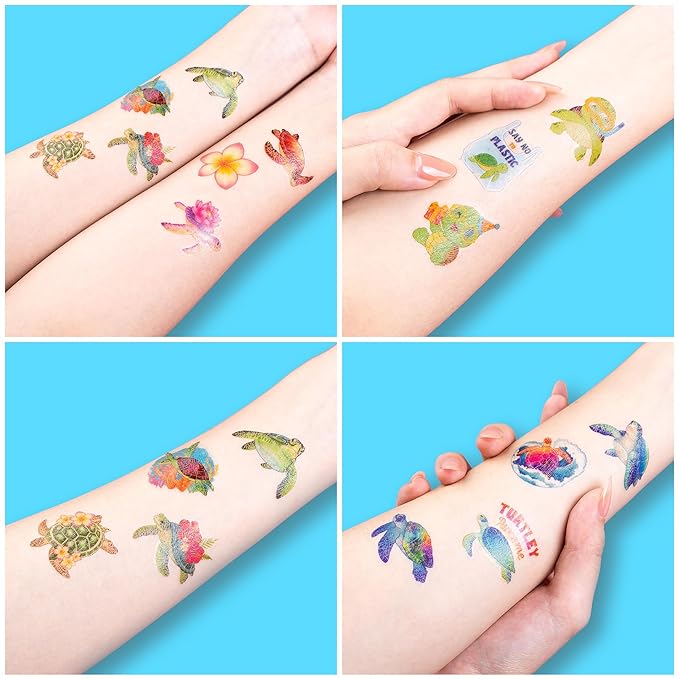 96 PCS Turtle Pre-Cut Temporary Tattoos for Kids | Super Cute First Themed Birthday Party Favors, Supplies, Decorations, Cute Ocean Animal Tattoo Stickers (multiple)