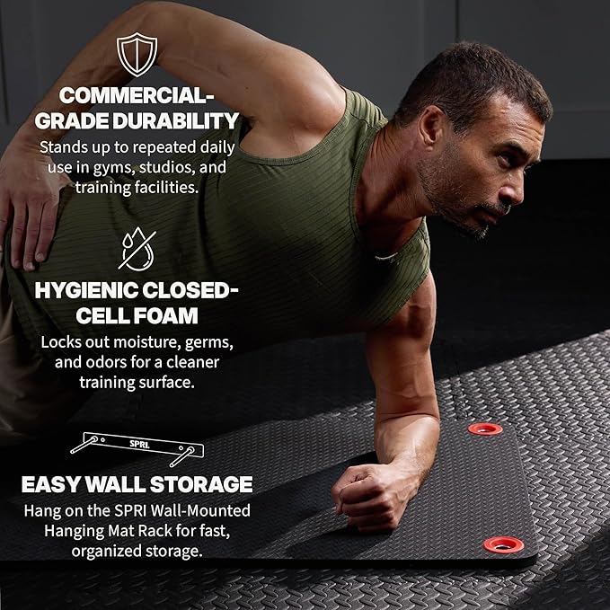 SPRI Hanging Exercise Mats for Gyms, Closed-Cell Foam Yoga & Fitness Mats with Grommets, Thick Workout Mats for Studios & Group Fitness Classes, Wall Rack Mat Holder Storage, Black