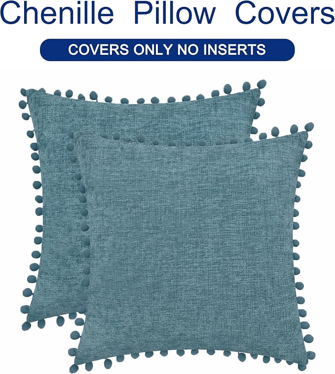 CaliTime Decorative Couch Throw Pillow Covers 22 X 22 Inches Smoke Blue | Pack of 2, Cozy Chenille Cushion Cases, with Pom Poms for Sofa Bed Living Room Farmhouse Home