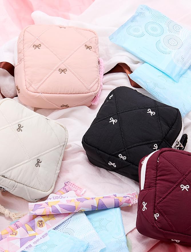 Period Bag for Girls, Quilted Period Pouch for Women, Sanitary Napkin Storage Bag Menstrual Pad Pouches Tampon Holder for Purse Pad Bag Gifts for Teen Girls(Black)
