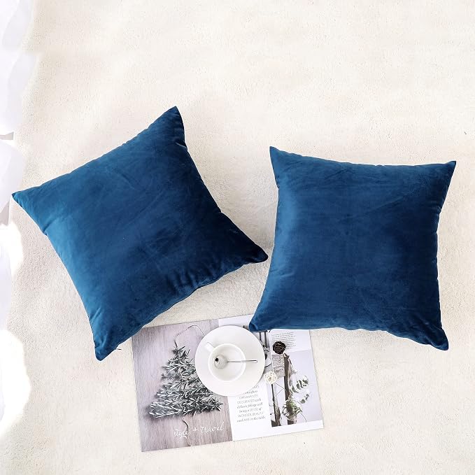 NiNi ALL Blue Velvet Throw Pillow Covers 14x14 Pack of 2 Decorative Couch | Soft Solid Boho Cushion Squar Pillow Cases for Chair Sofa Bedroom Farmhouse Living room Modern Luxury Home Decor Christmas