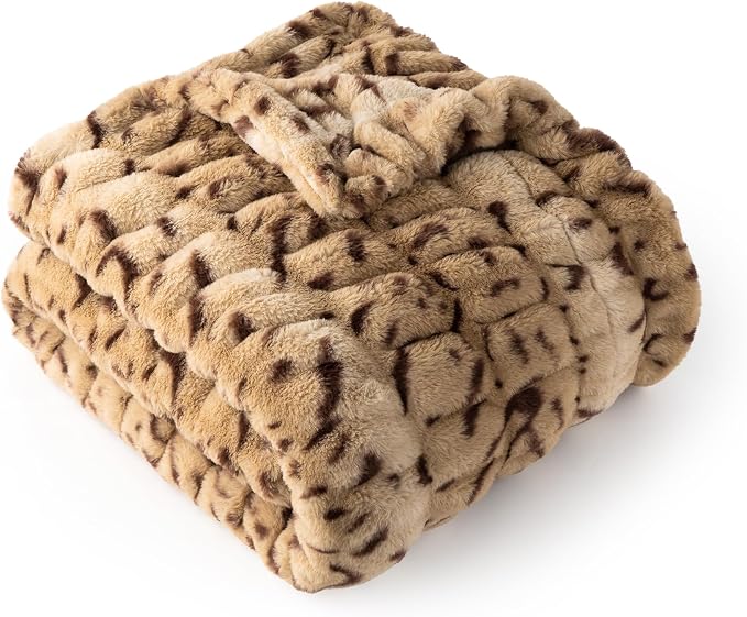 BATTILO Faux Fur Throw Blanket for Couch, 50"x60", Double Side | Cozy Mink Plush Soft Bubble Blanket, Leopard Print Faux Fur Blanket For Bed, Sofa, Living Room