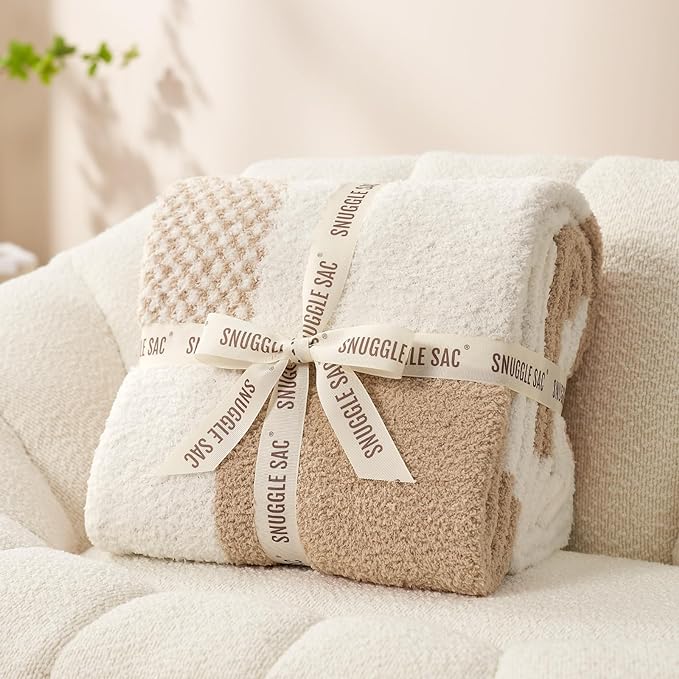 Snuggle Sac Checkered Blanket, Beige Throw Blanket for Couch Plaid Microfiber Fluffy Warm Cozy Fuzzy Soft Throw Blanket Reversible Checkerered Blankets for Sofa, Bed, 60x80 inches