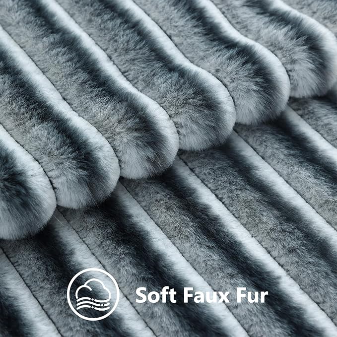 decorUhome Fall Faux Fur Throw Pillow Covers 12x20 Set of 2 Blue Grey | Decorative Soft Cozy Striped Plush Modern Farmhouse Boho Couch Pillow Cases Velvet Back for Sofa Bed Living Room Home Decor
