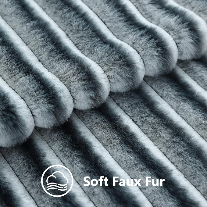 decorUhome Fall Faux Fur Throw Pillow Covers 22x22 Set of 2 Blue Grey | Decorative Soft Cozy Striped Plush Modern Farmhouse Boho Couch Pillow Cases Velvet Back for Sofa Bed Living Room Home Decor