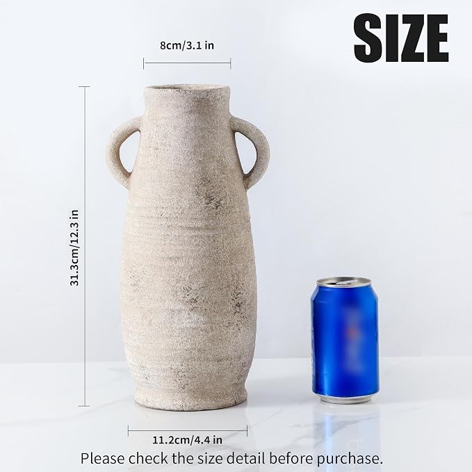 Ceramic Rustic Farmhouse Vase, Distressed Decorative 12 Inch Flower Vase for Home Decor, Ideal Shelf Decor, White Boho Vase for Living Room Bedroom Kitchen Office Decor Centerpiece Table Decorations
