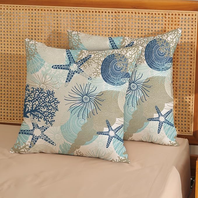 Nautical Coastal Pillow Covers 20x20 Set of 2 Beach Themed Ocean Throw Pillows Summer Starfish Seashell Decorations Pillowcase Linen Outdoor Decor Farmhouse Cushion Case for Home Bedroom