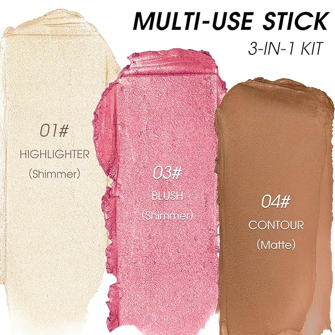 3Pcs Cream Contour Kit - Cream Blush, Highlighter, Contour Bronzer for Cheeks, Waterproof Long Lasting Blendable, Contour Stick Trio for Face Makeup (#01, 03, 04)
