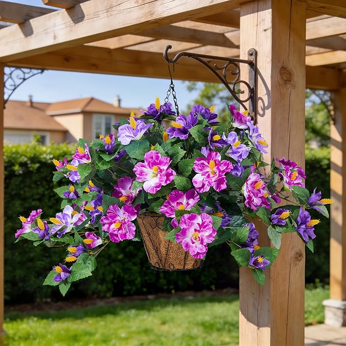 INXUGAO Artificial Flowers for Outdoors Indoors,3 Bunches Fake Hibiscus with Hanging Basket Realistic UV Resistant Silk Flower Leaves,Faux Plant for Outside Home Patio Garden Poch(Purple,Fuchsia)