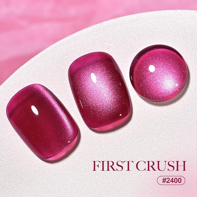 GAOY Pink Cat Eye Gel Nail Polish, 16ml Hot Pink Glitter Holographic Nail Polish with Magnet, Reflective Translucent UV Gel, 2400 First Crush