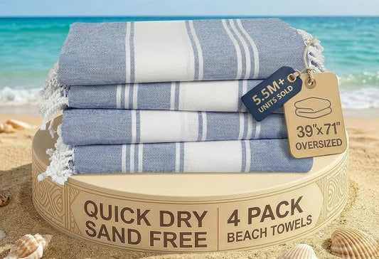 LANE LINEN Beach Towels 4 Pack Oversized - Turkish Towel Set, Pre-Washed Oversized Beach Towel, Quick Dry Beach Towels for Travel, Beach Towel Large, Sand Free Towel,39"x71" - Forever Blue