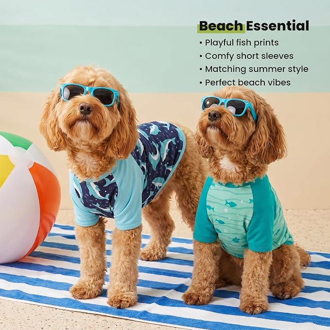 Fitwarm 2 Pack Dolphin & Fish Dog Shirt, Hawaiian Summer Clothes for Small Dogs Boy Girl, Lightweight Pet Outfit, Tea Blue, Green, XL