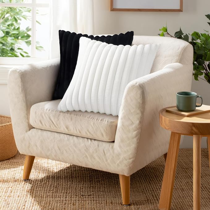 Pallene Faux Fur Decorative Throw Pillow Covers 18x18 Set of 2, White | Luxury Plush Texture, Striped Design, Cozy Soft Touch, Modern Home Accent Decor for Couch, Sofa, Bed, Living Room