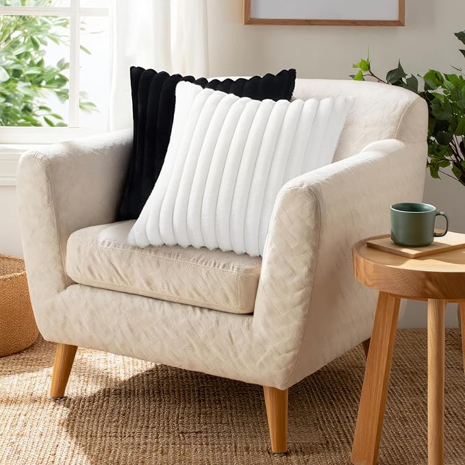 Pallene Faux Fur Decorative Throw Pillow Covers 24x24 Set of 2, White | Luxury Plush Texture, Striped Design, Cozy Soft Touch, Modern Home Accent Decor for Couch, Sofa, Bed, Living Room