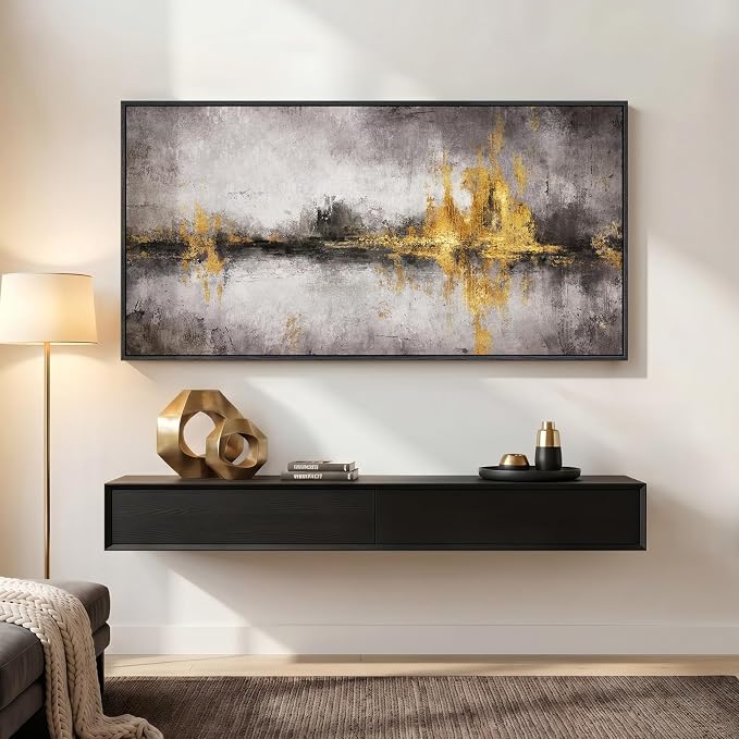 Large Framed Black Grey and Gold Abstract Wall Art for Living Room, 60x30 | Oversized modern picture, Horizontal canvas prints, Wood frame, Neutral paintings artwork, Wall Decor for Bedroom Dining Room