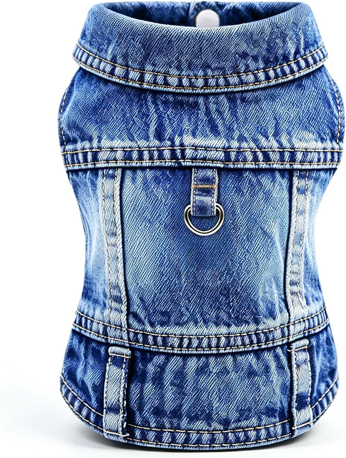 Dog Jean Jacket,Blue Denim Vest for Small Pet,Cute Clothes with D-Ring | Soft Washed Cotton Denim Costume,Cool Apparel Dress Shirt for Puppy,Classic Coat Outfit for Small Dogs Cats Boy Girl