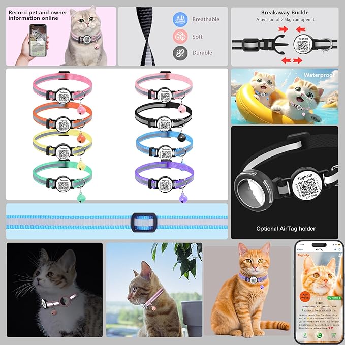 2 Pack Airtag Cat Collar, Breakaway Cat Airtag with Smart ID tag & QR Code Reflective (Reflective Strip & Paw Pattern - Black, Collar Only)