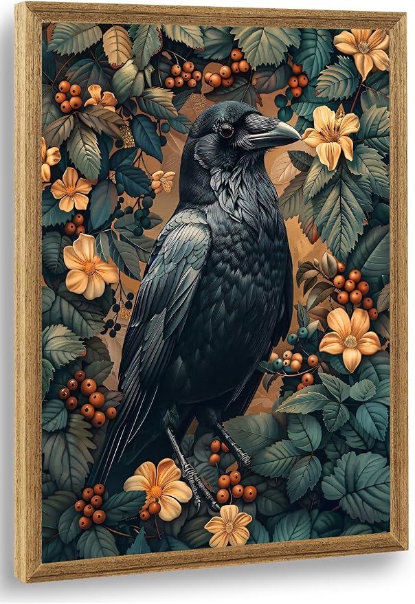 ICHZUMW Framed William Morris Raven Dark Academia Canvas Wall Art 12x16 In | Gothic Dark Cottagecore Crow Painting, Moody Floral Wall Decor for Bedroom Living Room Bathroom Office, Ready to Hang