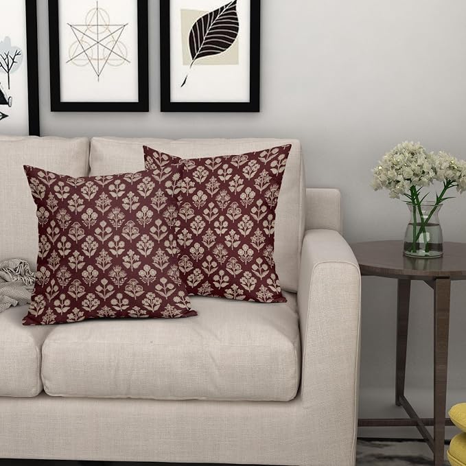 Burgundy Red Floral Pillow Covers 24x24 Inch Set of 2, Vintage Flower Block Print Decorative Throw Pillowcases Outdoor Farmhouse Cushion Covers Spring Summer Rustic Decoration Sofa Couch Bed Decor