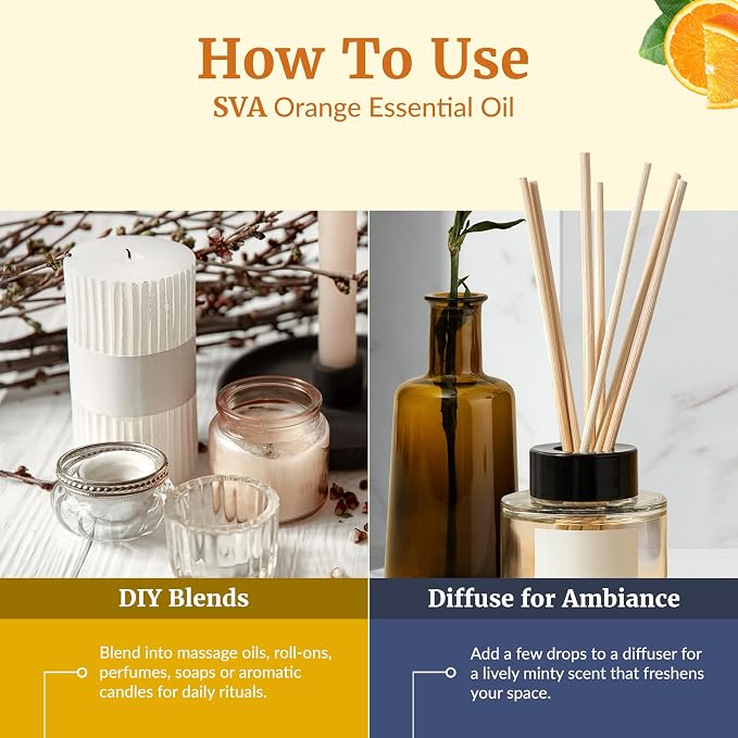 SVA Orange Essential Oil 4 Fl Oz – for Diffuser, Skin & Hair Care – Ideal for Massage & DIY Blends - with Dropper