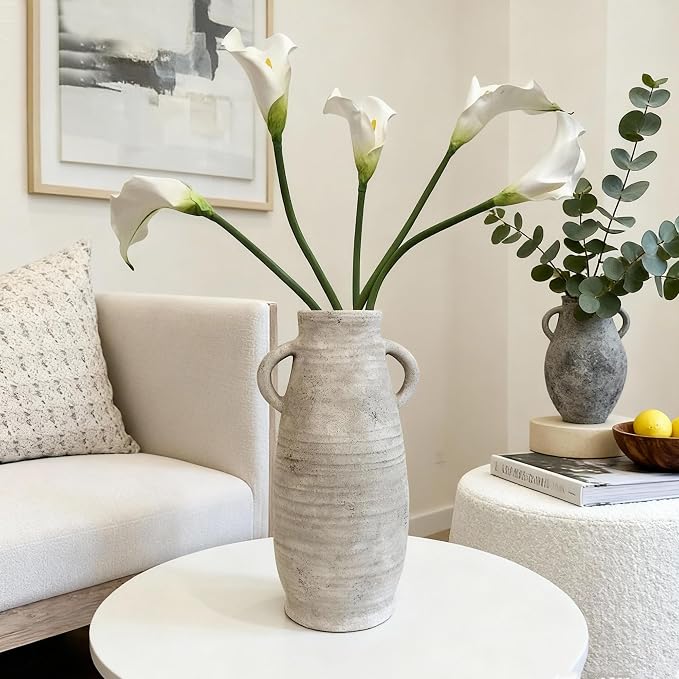 Ceramic Rustic Farmhouse Vase, Distressed Decorative 12 Inch Flower Vase for Home Decor, Ideal Shelf Decor, White Boho Vase for Living Room Bedroom Kitchen Office Decor Centerpiece Table Decorations