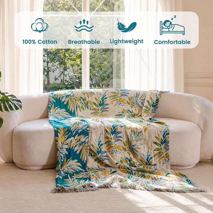 MSGKV Boho Throw Blanket 60"x80" 100% Cotton Leaves Muslin Blanket for Bed | 100% Cotton Muslin, Twin Size Throw Blanket, Leaves Pattern, Soft & Breathable, Lightweight Comfort, Machine Washable