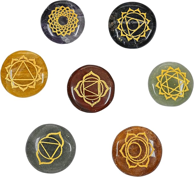 Amazing Gemstone 7 Chakra Set Reiki Healing Crystal with Engraved Chakra Symbols - Chakra Balancing Polished Palm Stones Set with Velvet Pouch