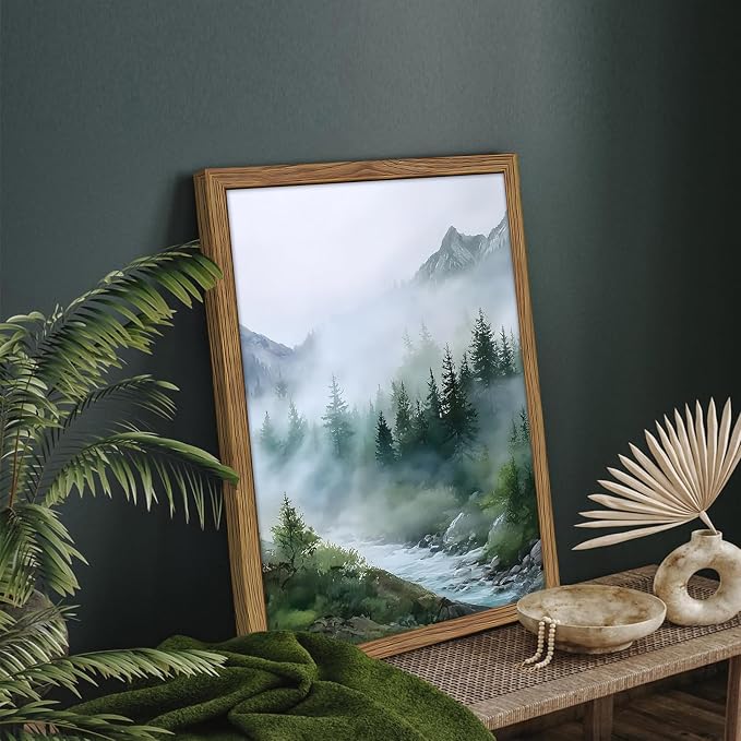 Framed Forest Wall Art Set of 3, Misty Mountain Landscape Canvas Wall Decor Paintings, Nature Tree River Scenery Artwork Prints Pictures for Living Room Bedroom Office 16x24 Inch