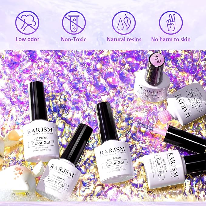 RARJSM Pearlescent Gel Nail Polish Set Mermaid Dreams Iridescent Shell Glitter Gel Polish 6 Colors Pink Blue Green Purple Gold Shimmer Swirl Thread Effect Soak Off Curing Requires Home Salon