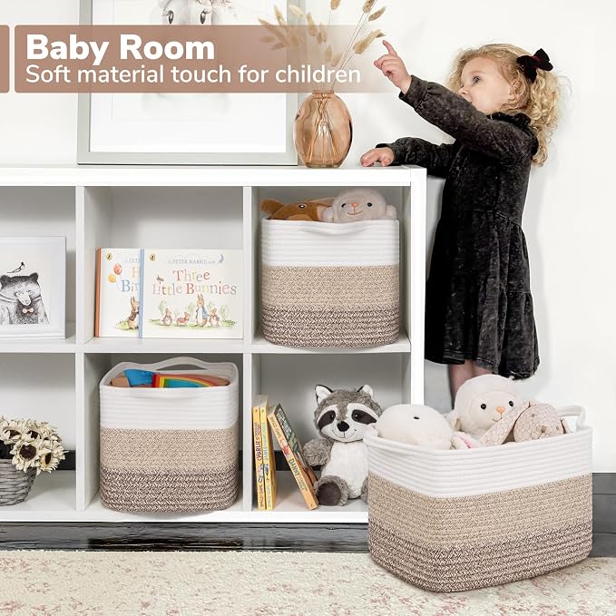 Goodpick Woven Storage Basket for Shelves, 13" x 10" x 9", Gradient Brown | Stylish Gift Basket for Home Decor, Cotton Rope Baskets for Books, Dog Toys & Towels Storage, Shelf & Closet Organization