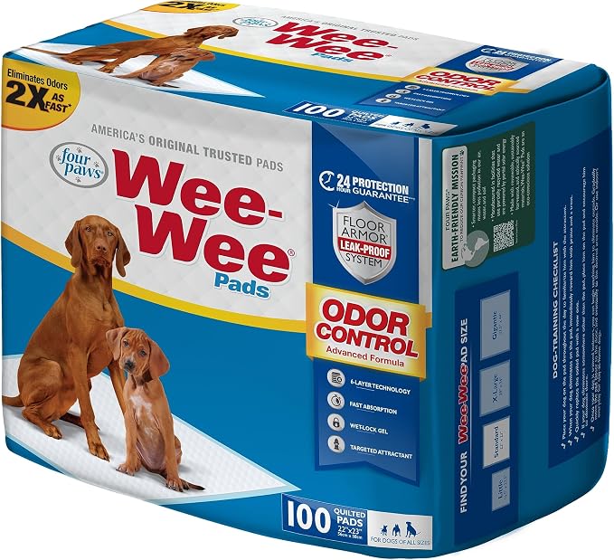 Four Paws Wee-Wee Advanced Formula Odor Control Dog Pee Pads, 100 Count | Neutralizes ammonia odors, pee pads for dogs & puppies, dog housebreaking, new puppy supplies, 22" x 23"