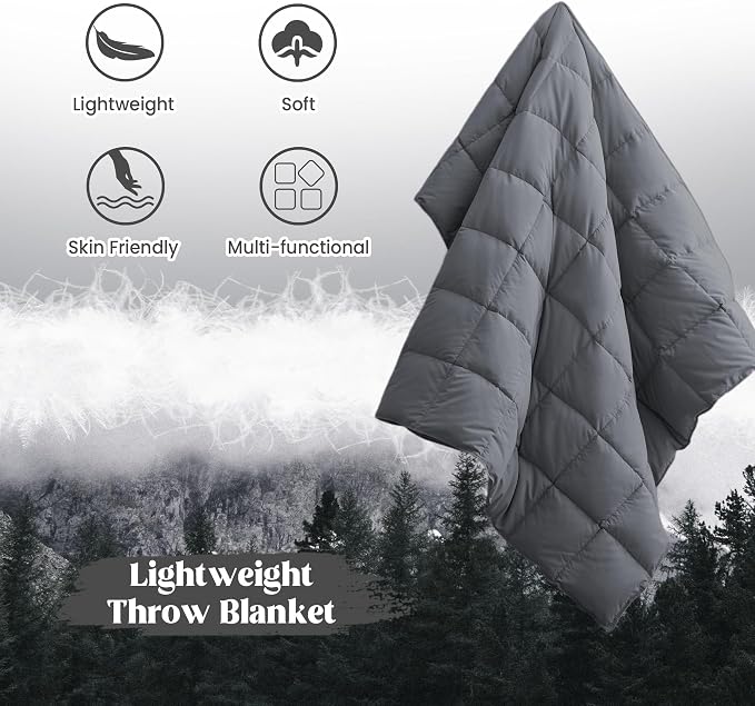 puredown® Soft Feather Down Throw Blanket Lightweight Packable Couch Throw for Indoor and Outdoor Use, Throw 50"X70", Gray, 12oz