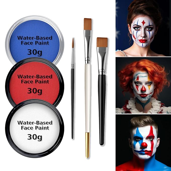 Water-Based Red White Blue Patriotic Face Body Paint Kit with Brushes for 4th of July Independence Day, Halloween Cosplay and Sports Events