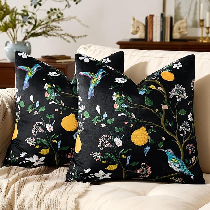 MUSSEL Black Velvet Floral Decorative 16x16 Pillow Covers Set of 2 | Soft Durable and Sturdy,Bird Plant,Throw Pillows Case,Square,Colorful Modern Cushion Covers,Home Sofa Bed Couch Decor