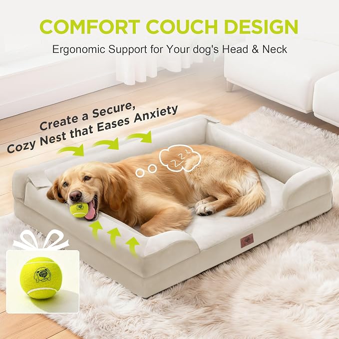 Waterproof Orthopedic Dog Bed for Extra Large Sized Dogs | Memory Foam Pet Bed Sofa with Bolster, Dog Couch with Washable Cover & Non-Slip Bottom, 48x30 Inch, Beige
