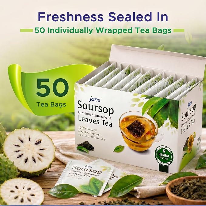 Jans Soursop Tea Bags 50 Count (2 Pack of 25) | 100% Natural Soursop Leaves | Caffeine Free Sour Sop Tea | Vegan Herbal Tea | Individually Wrapped Tea Bags | Cholesterol Free Sugar Free Relaxation Beverage