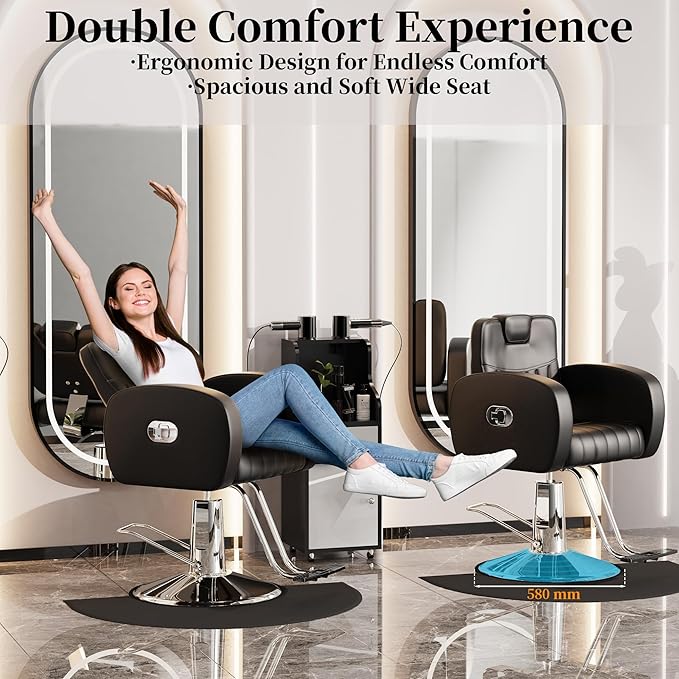 Baasha Ergonomic Black and Silver Salon Chair with Comfortable Thickened Cushions, Heavy Duty Reclining Stylist Chair for Hair braiding, Extensions, Tattooing, Weight Capacity 440 lbs